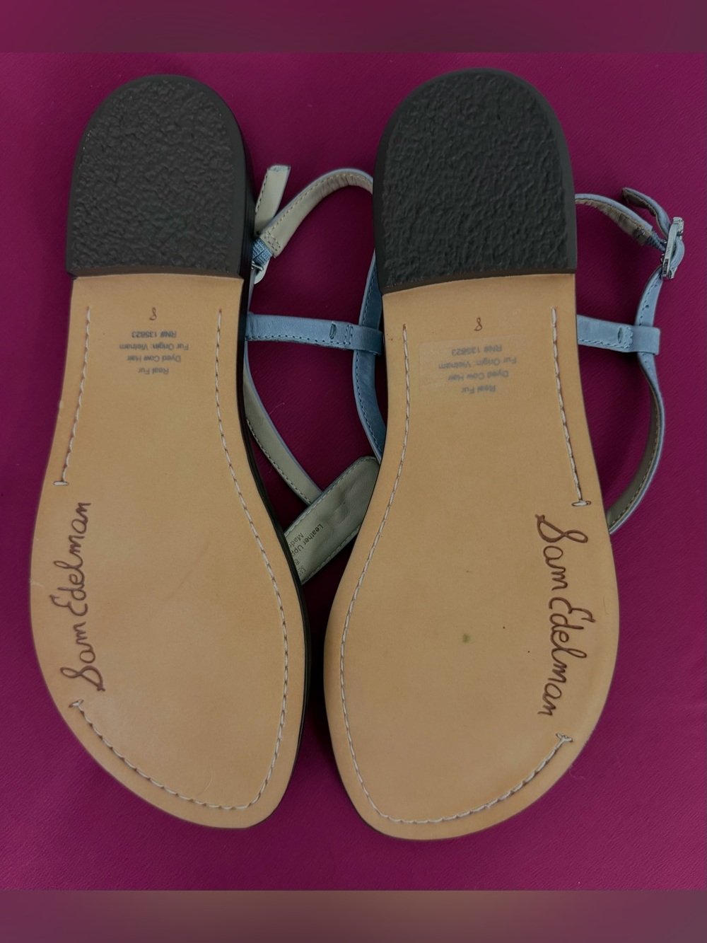 Sam Edelman Light Blue Calf Hair T-Strap Casual Flat Sandals US 8 NWOT - Picture 2 of 9